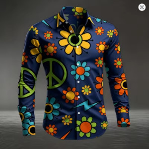 Men's Hippie Peace Sign Floral Print Long Sleeve Shirt White Casual Button Down Blouse